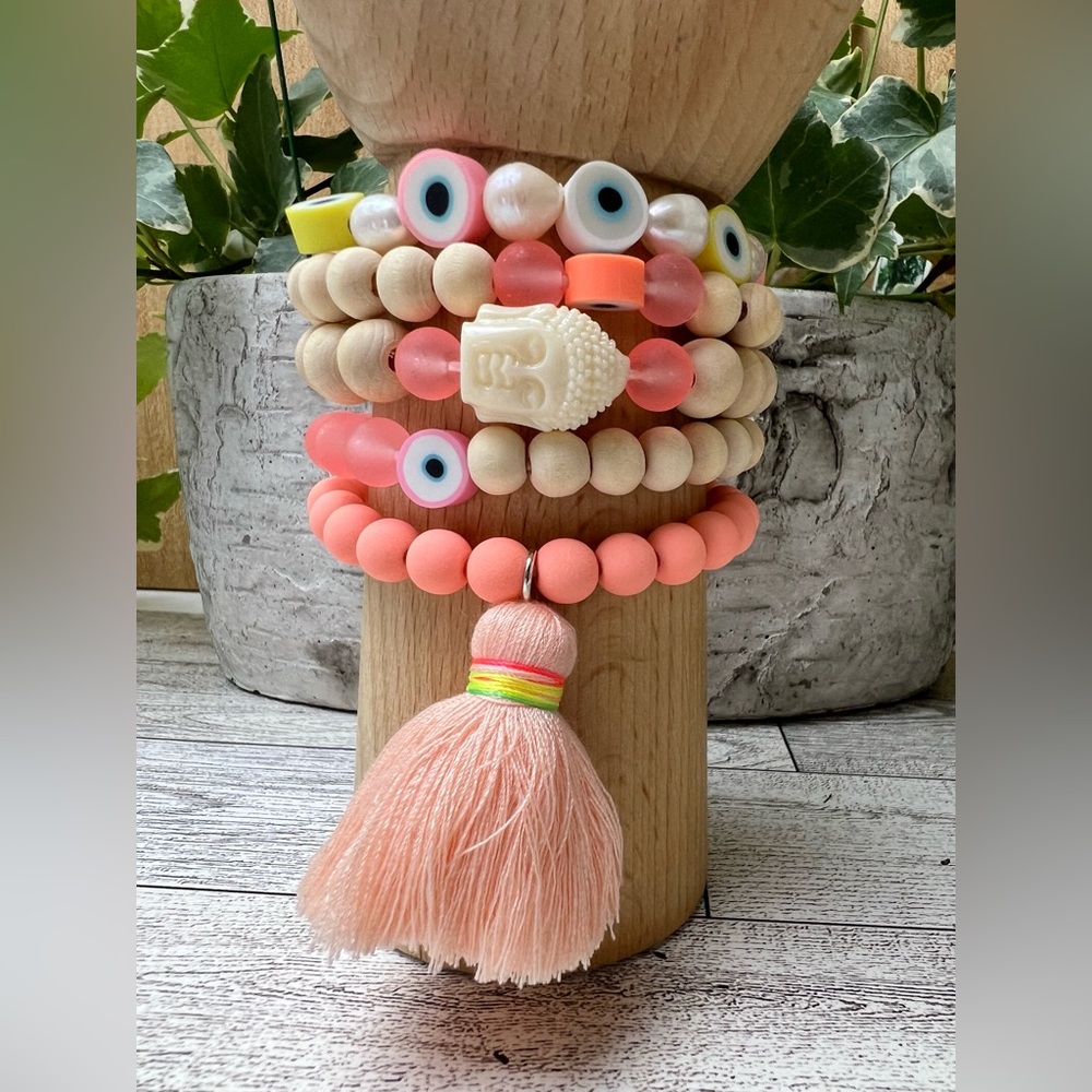 Pink & Beige Bohemian Stacked Bead Bracelet Set - Hippie Chic Bracelets